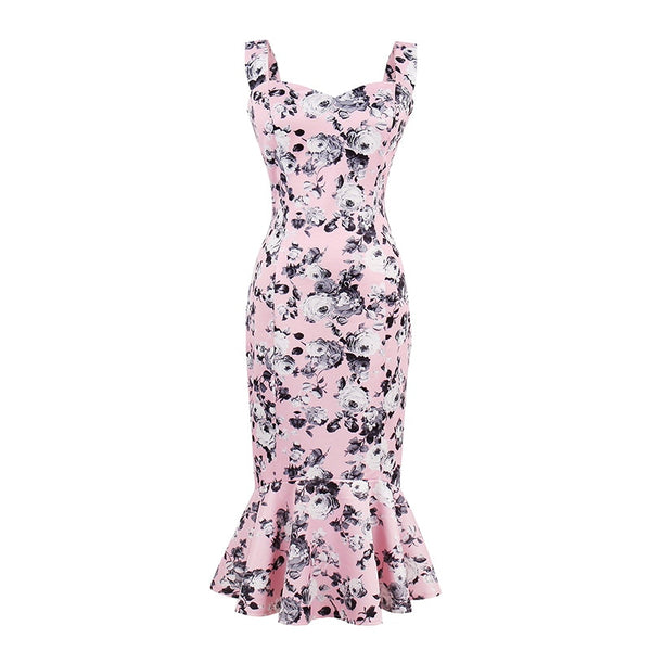 Sisjuly Women Pink Mermaid Dress Female Girls Summer Sleeveless Trumpet Dresses Floral Mid-Calf Dresses Girls Summer Print Dress