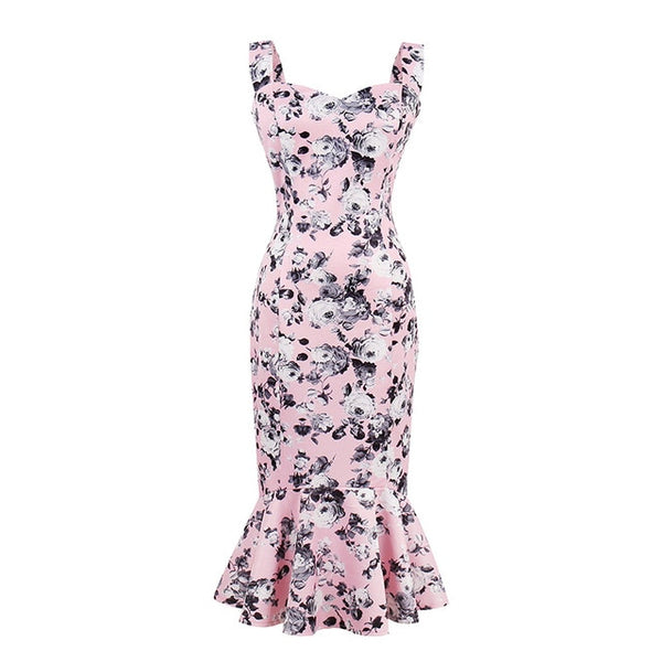 Sisjuly Women Pink Mermaid Dress Female Girls Summer Sleeveless Trumpet Dresses Floral Mid-Calf Dresses Girls Summer Print Dress