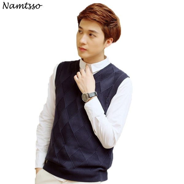 100% Cotton Vest Men 2018 Autumn Winter Solid Color V-neck Sleeveless Sweater Cotton Knitwear Pull Men Brand base top Clothing