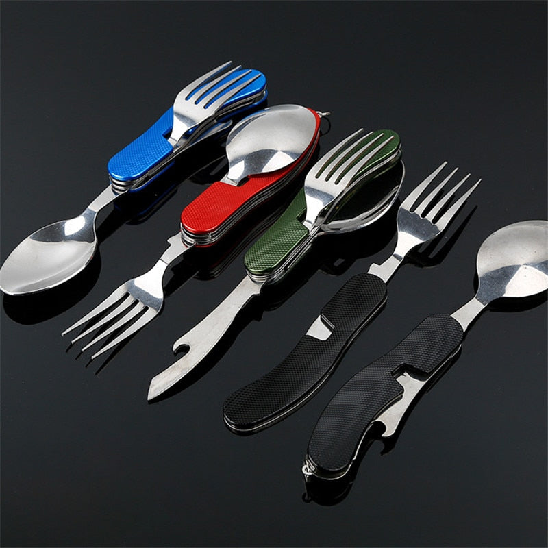 4 in 1 Outdoor Tableware (Fork/Spoon/Knife/Bottle Opener) Camping Stainless Steel Folding Pocket Kits for Hiking Survival Travel