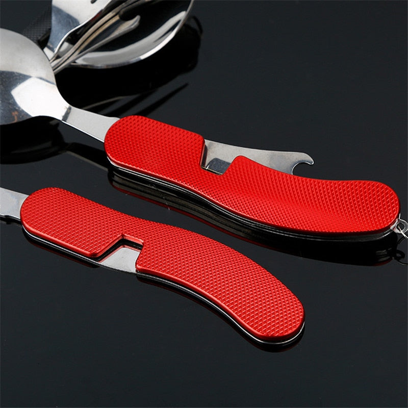 4 in 1 Outdoor Tableware (Fork/Spoon/Knife/Bottle Opener) Camping Stainless Steel Folding Pocket Kits for Hiking Survival Travel