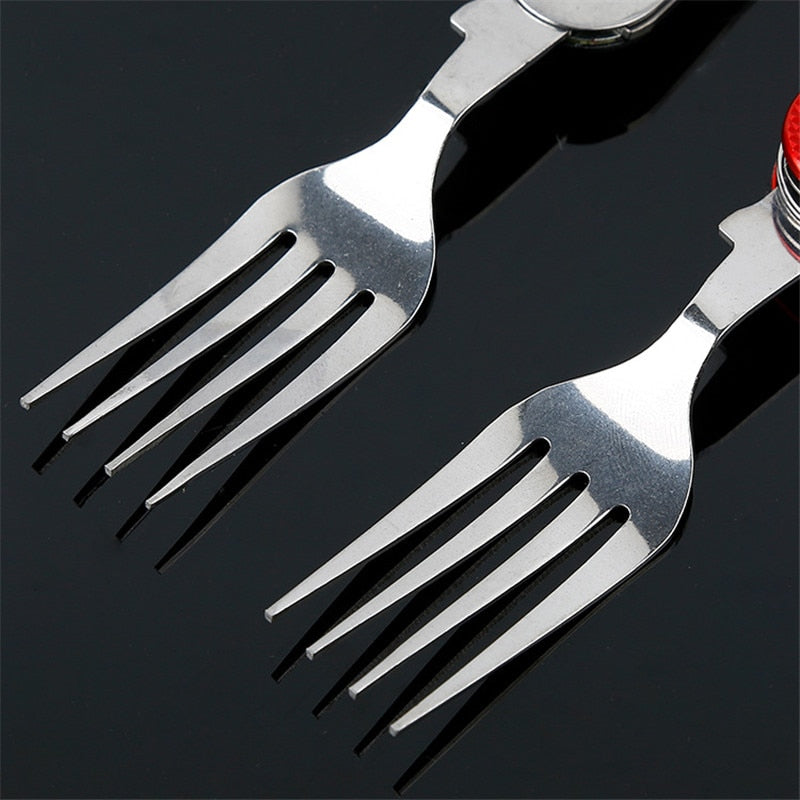 4 in 1 Outdoor Tableware (Fork/Spoon/Knife/Bottle Opener) Camping Stainless Steel Folding Pocket Kits for Hiking Survival Travel