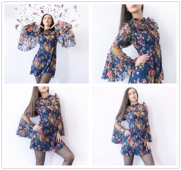 SHEIN Flower Print Swing A Line Summer Dress Long Sleeve Spring Multicolor Floral Calico Print Keyhole Back Bell Sleeve Dress