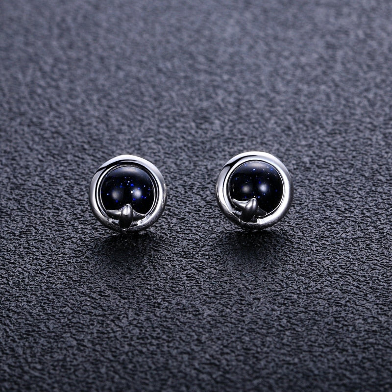 100% 925 Sterling Silver Round Outer Space Stud Earrings Blue Sand Stones Silver Earrings for Women Party Wedding Jewelry