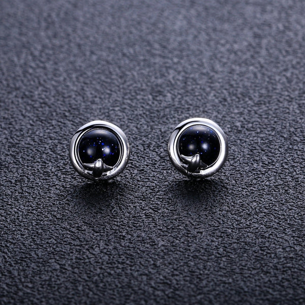 100% 925 Sterling Silver Round Outer Space Stud Earrings Blue Sand Stones Silver Earrings for Women Party Wedding Jewelry