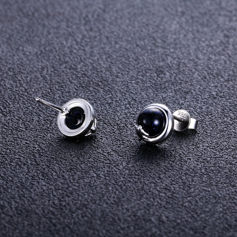 100% 925 Sterling Silver Round Outer Space Stud Earrings Blue Sand Stones Silver Earrings for Women Party Wedding Jewelry