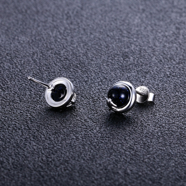 100% 925 Sterling Silver Round Outer Space Stud Earrings Blue Sand Stones Silver Earrings for Women Party Wedding Jewelry