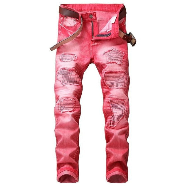 2018 High Quality Men Casual Jeans Coated Slim Straight Pleated Biker Jeans Pants Male Denim Casual Pants Plus Size 42