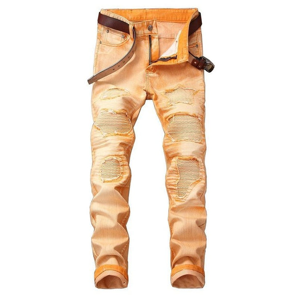 2018 High Quality Men Casual Jeans Coated Slim Straight Pleated Biker Jeans Pants Male Denim Casual Pants Plus Size 42