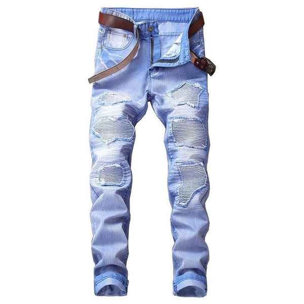 2018 High Quality Men Casual Jeans Coated Slim Straight Pleated Biker Jeans Pants Male Denim Casual Pants Plus Size 42