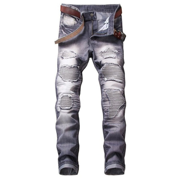 2018 High Quality Men Casual Jeans Coated Slim Straight Pleated Biker Jeans Pants Male Denim Casual Pants Plus Size 42