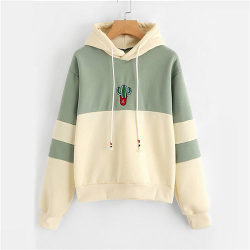 ROMWE Drawstring Color Block Cactus Embroidered Hoodie 2018 Spring Autumn Long Sleeve Ladies Casual Sporty Pullovers Sweatshirt