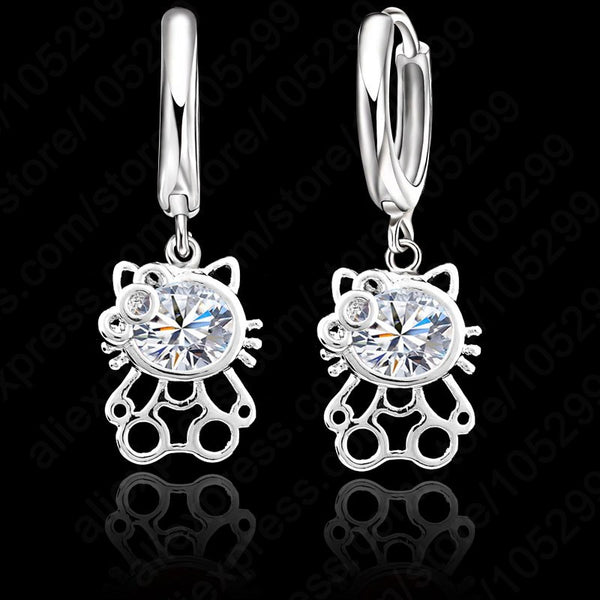 Jemmin Good Quality 925 Sterling Silver Cubic Zirconia Lever Back Loop Earrings Lovely Kitty Design Jewelry For Woman Girl