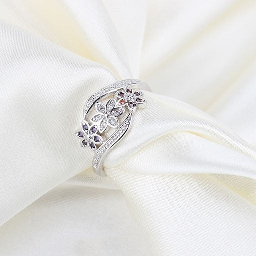 Jemmin Newest Design Three Color CZ Flower Ring for Women Girls Fashion 925 Sterling Silver Ring Wedding Lady Jewelry Size 7 8 9