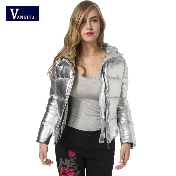 2018 Winter hot explosion models of female cotton pure bright Hooded Coat all-match silver white metallic Biker Jacket