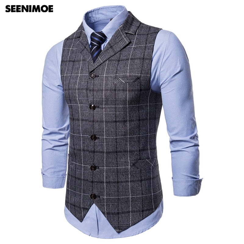 Seenimoe Mens Stripe Plaid Formal Blazer vests Casual Single Breasted V-neck Fashion M-4XL Male England Style Casual Vests