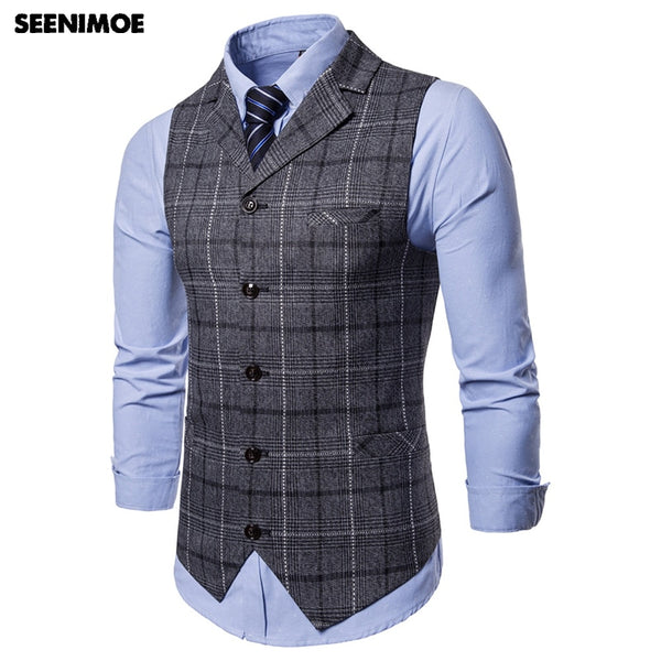 Seenimoe Mens Stripe Plaid Formal Blazer vests Casual Single Breasted V-neck Fashion M-4XL Male England Style Casual Vests