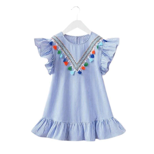 Summer Girls Tassel Flying Sleeve Dresses Stripe Cotton Cute Kids Party Dresses for Kids girls Princess Dress Tops Clothes