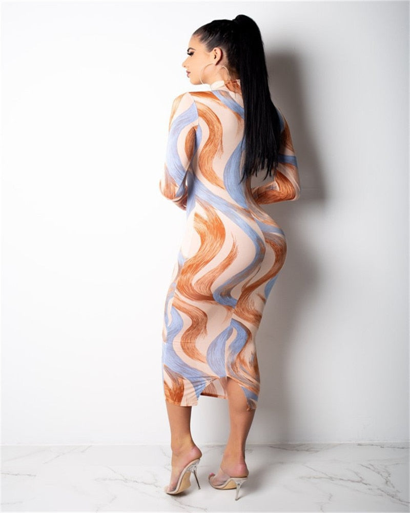 Echoine Women Sexy Dress Curve Print Turtleneck Multicolor Snakelike Long Sleeve Bodycon Ankle-Length Evening Party Vestidos