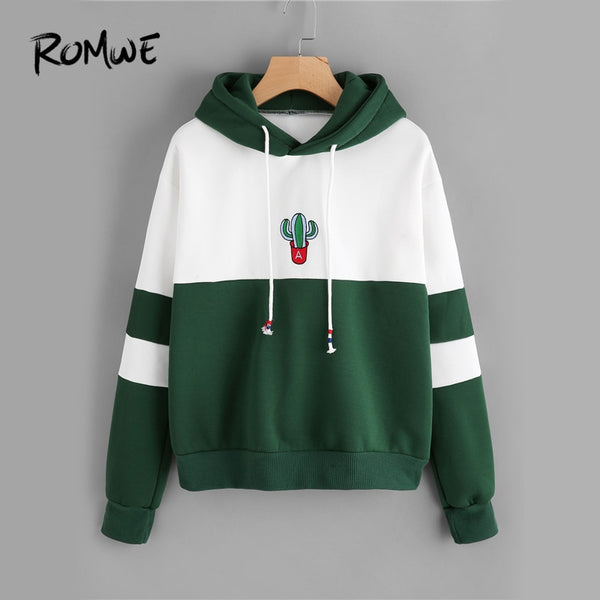 ROMWE Drawstring Color Block Cactus Embroidered Hoodie 2018 Spring Autumn Long Sleeve Ladies Casual Sporty Pullovers Sweatshirt