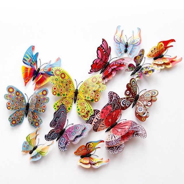 12pcs Multicolor Double Layer Wings 3D Butterfly Wall Sticker Magnet PVC Butterflies Party Kids Bedroom Fridge Decor Magnetic