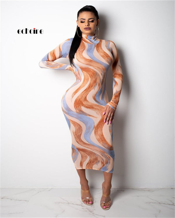 Echoine Women Sexy Dress Curve Print Turtleneck Multicolor Snakelike Long Sleeve Bodycon Ankle-Length Evening Party Vestidos