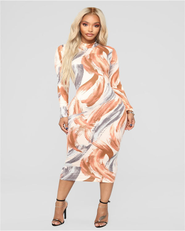 Echoine Women Sexy Dress Curve Print Turtleneck Multicolor Snakelike Long Sleeve Bodycon Ankle-Length Evening Party Vestidos