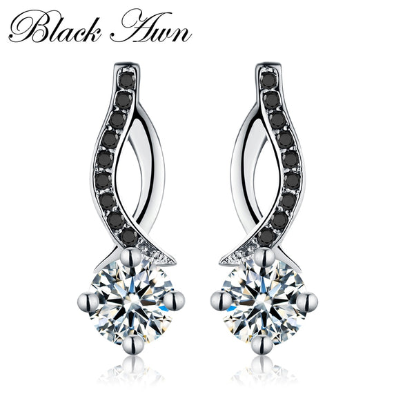 Genuine 925 Sterling Silver Jewelry Black&White Stone Engagement Stud Earrings for Women T014