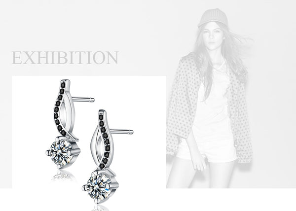 Genuine 925 Sterling Silver Jewelry Black&White Stone Engagement Stud Earrings for Women T014