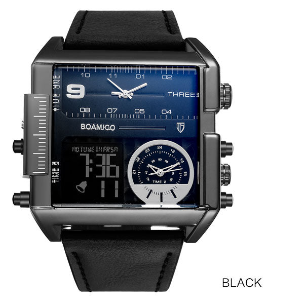 BOAMIGO brand men sports watches 3 time zone big man fashion watch leather quartz wristwatches relogio masculino montre homme
