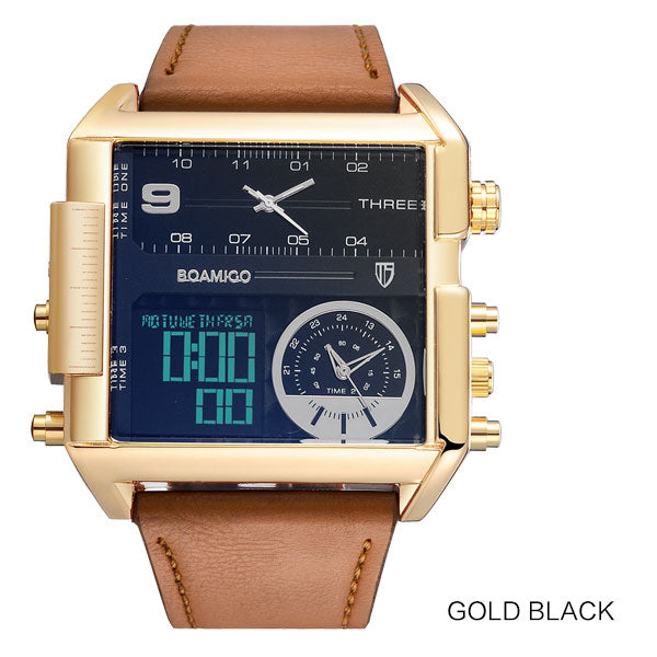 BOAMIGO brand men sports watches 3 time zone big man fashion watch leather quartz wristwatches relogio masculino montre homme