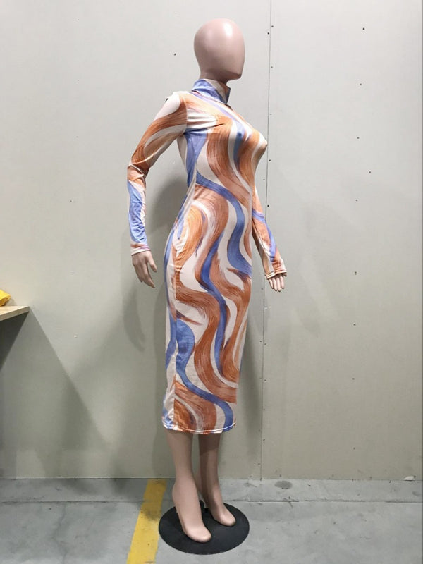 Echoine Women Sexy Dress Curve Print Turtleneck Multicolor Snakelike Long Sleeve Bodycon Ankle-Length Evening Party Vestidos