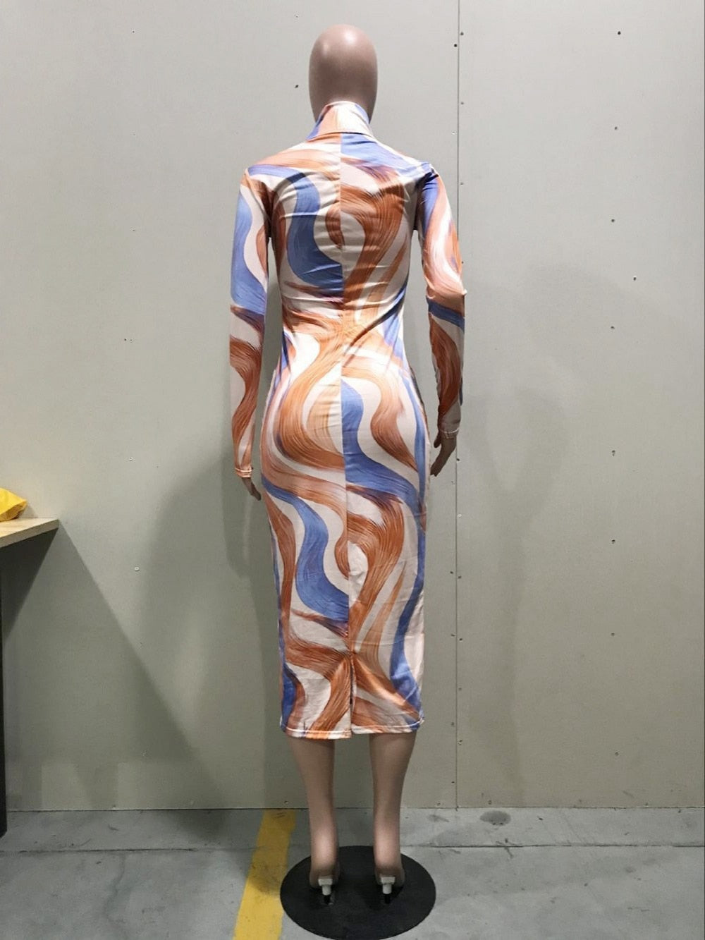 Echoine Women Sexy Dress Curve Print Turtleneck Multicolor Snakelike Long Sleeve Bodycon Ankle-Length Evening Party Vestidos