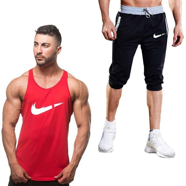 2019 Fashion Classic brand LOGO Men's Sport Suits Running sleeveless Tank Top + Sports Shorts Joggers Training Fitness Clothing