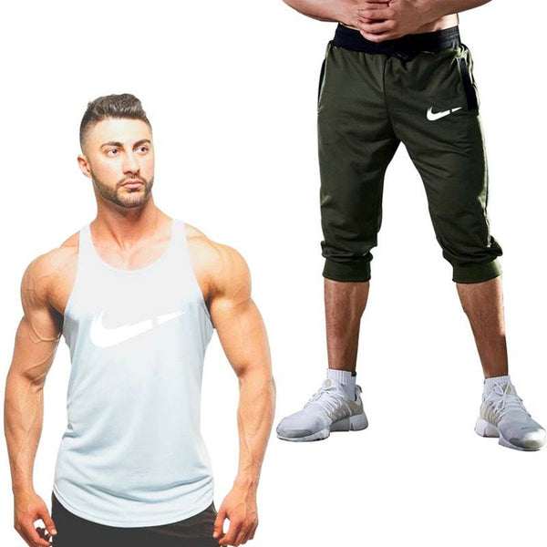 2019 Fashion Classic brand LOGO Men's Sport Suits Running sleeveless Tank Top + Sports Shorts Joggers Training Fitness Clothing