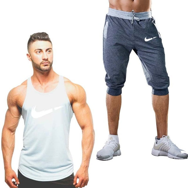 2019 Fashion Classic brand LOGO Men's Sport Suits Running sleeveless Tank Top + Sports Shorts Joggers Training Fitness Clothing