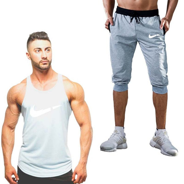 2019 Fashion Classic brand LOGO Men's Sport Suits Running sleeveless Tank Top + Sports Shorts Joggers Training Fitness Clothing