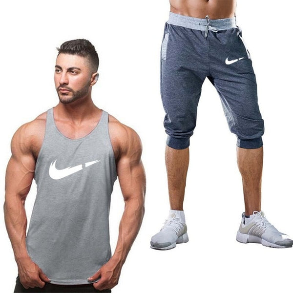2019 Fashion Classic brand LOGO Men's Sport Suits Running sleeveless Tank Top + Sports Shorts Joggers Training Fitness Clothing