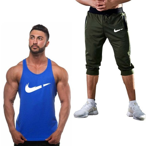 2019 Fashion Classic brand LOGO Men's Sport Suits Running sleeveless Tank Top + Sports Shorts Joggers Training Fitness Clothing