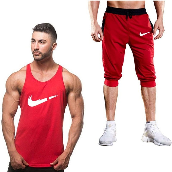 2019 Fashion Classic brand LOGO Men's Sport Suits Running sleeveless Tank Top + Sports Shorts Joggers Training Fitness Clothing
