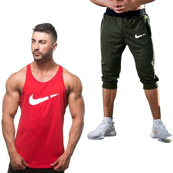2019 Fashion Classic brand LOGO Men's Sport Suits Running sleeveless Tank Top + Sports Shorts Joggers Training Fitness Clothing