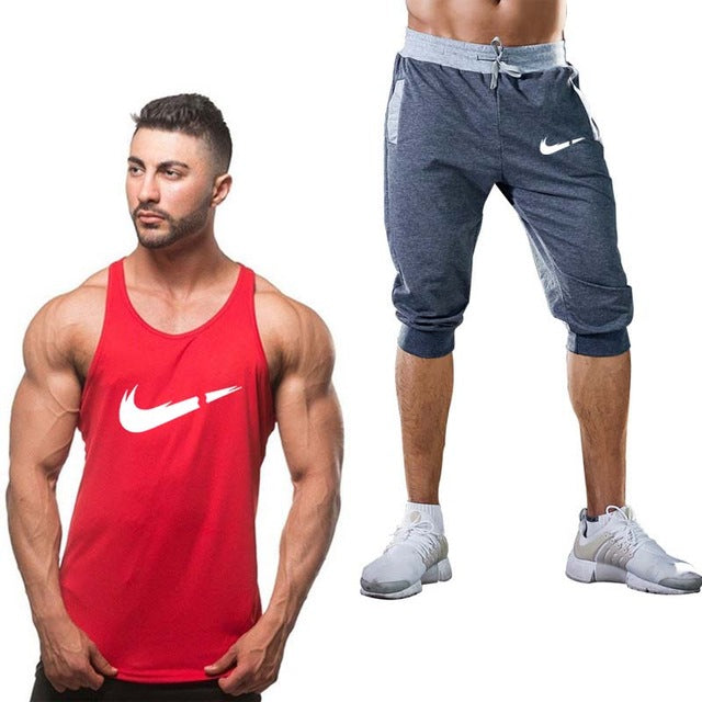 2019 Fashion Classic brand LOGO Men's Sport Suits Running sleeveless Tank Top + Sports Shorts Joggers Training Fitness Clothing