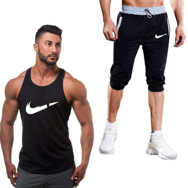 2019 Fashion Classic brand LOGO Men's Sport Suits Running sleeveless Tank Top + Sports Shorts Joggers Training Fitness Clothing