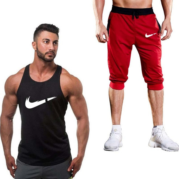 2019 Fashion Classic brand LOGO Men's Sport Suits Running sleeveless Tank Top + Sports Shorts Joggers Training Fitness Clothing