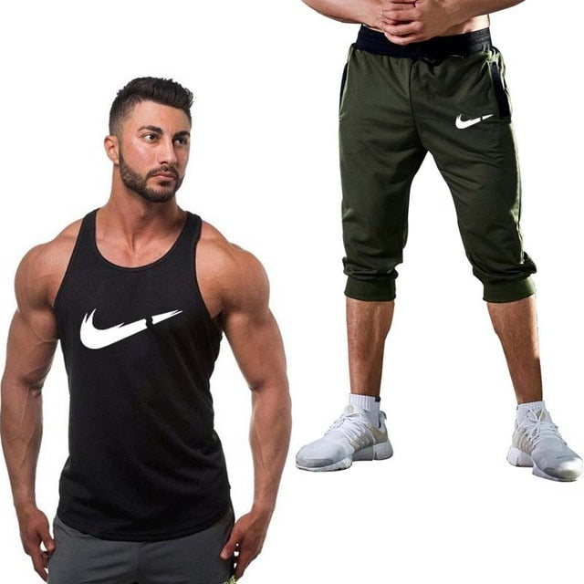 2019 Fashion Classic brand LOGO Men's Sport Suits Running sleeveless Tank Top + Sports Shorts Joggers Training Fitness Clothing