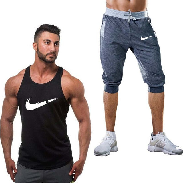 2019 Fashion Classic brand LOGO Men's Sport Suits Running sleeveless Tank Top + Sports Shorts Joggers Training Fitness Clothing