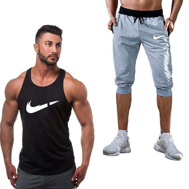 2019 Fashion Classic brand LOGO Men's Sport Suits Running sleeveless Tank Top + Sports Shorts Joggers Training Fitness Clothing