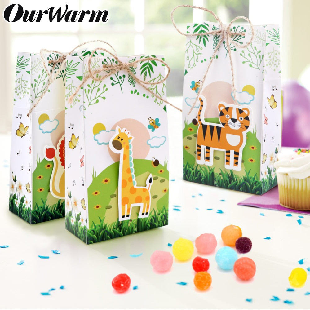 OurWarm 6pcs Paper Bag Jungle Safari Animals Party Animal Candy Box Safari Animals Theme Birthday Party Supplies Baby Shower