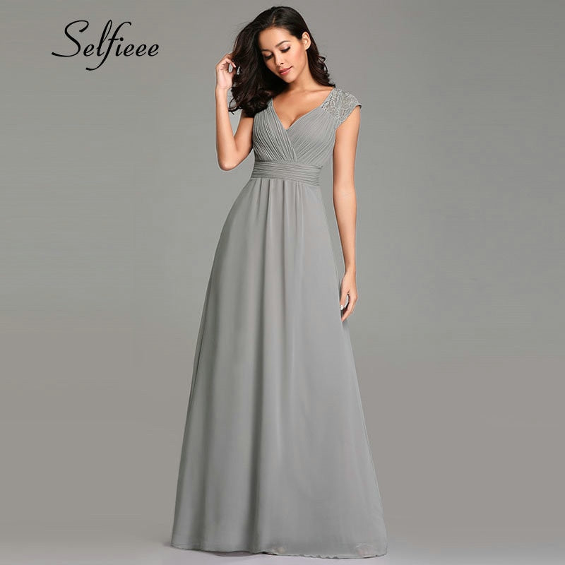 New Grey Dresses Woman Party Night 2019 Fashion A Line V Neck Sleeveless Lace Dress Ladies Elegant Long Chiffon Summer Dresses