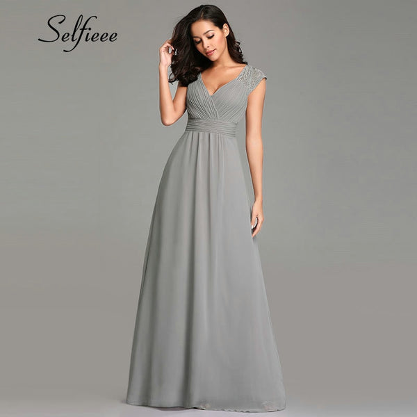 New Grey Dresses Woman Party Night 2019 Fashion A Line V Neck Sleeveless Lace Dress Ladies Elegant Long Chiffon Summer Dresses